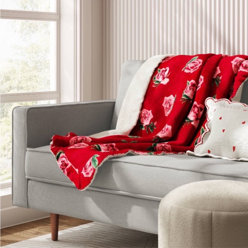 Threshold Red Floral Throw Ruffle Edge Blanket